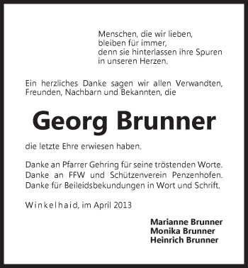 Traueranzeige von Georg Brunner von Der Bote