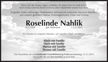Traueranzeige von Roselinde Nahlik von Pegnitz-Zeitung