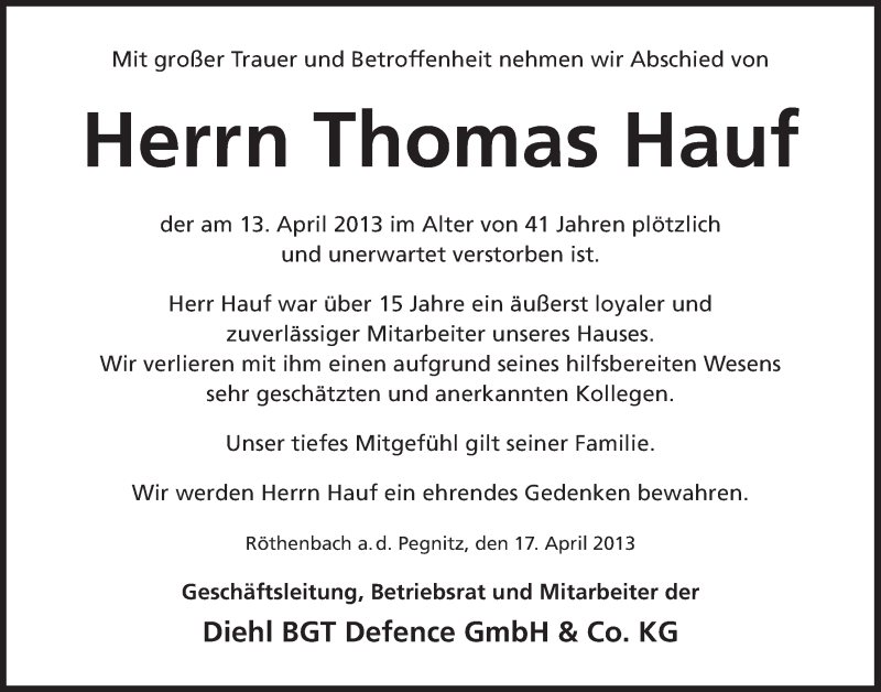  Traueranzeige für Thomas Hauf vom 18.04.2013 aus Der Bote