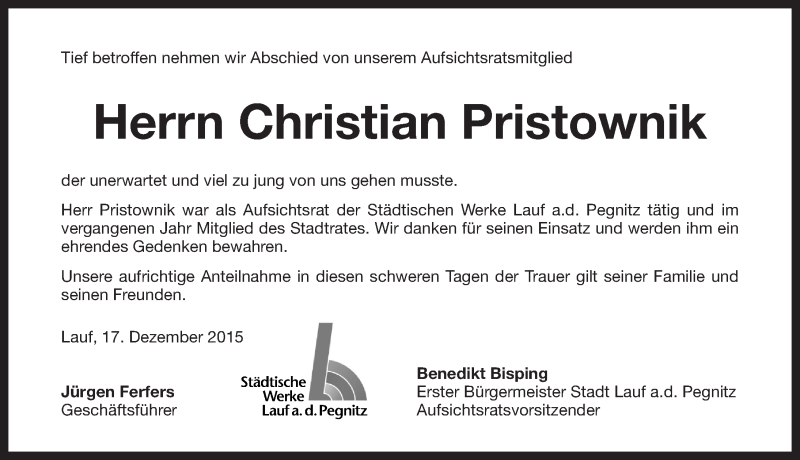  Traueranzeige für Christian Pristownik vom 17.12.2015 aus Pegnitz-Zeitung