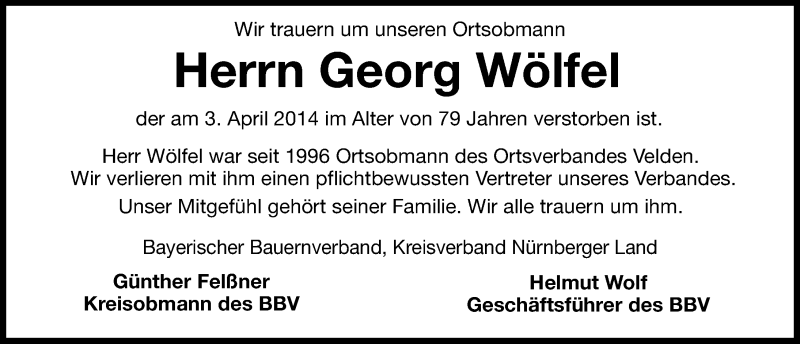  Traueranzeige für Georg Wölfel vom 10.04.2014 aus Hersbrucker Zeitung