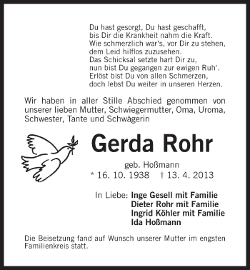 Traueranzeige von Gerda Rohr von Der Bote
