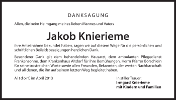 Traueranzeige von Jakob Knierieme von Der Bote