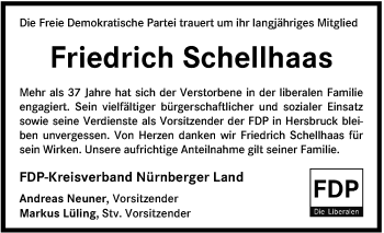 Traueranzeige von Friedrich Schellhaas von Hersbrucker Zeitung