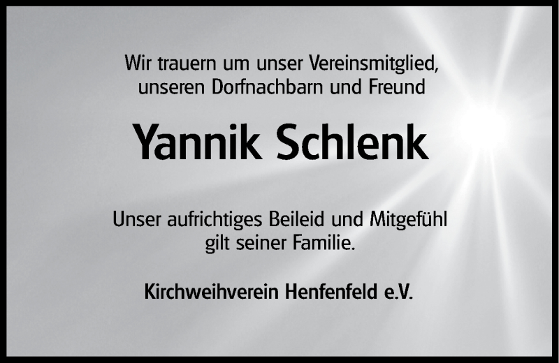  Traueranzeige für Yannik Schlenk vom 15.08.2014 aus Hersbrucker Zeitung