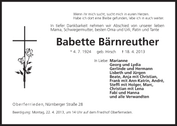 Traueranzeige von Babette Bärnreuther von Der Bote