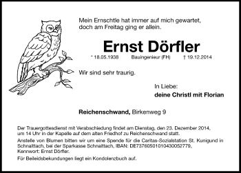 Traueranzeige von Ernst Dörfler von Hersbrucker Zeitung