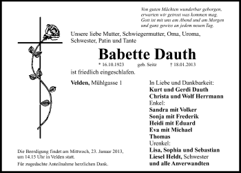 Traueranzeige von Babette Dauth von Hersbrucker Zeitung