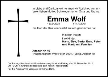 Traueranzeige von Emma Wolf von Hersbrucker Zeitung