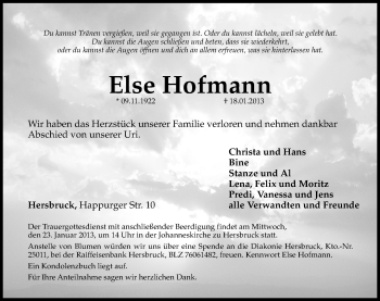 Traueranzeige von Else Hofmann von Hersbrucker Zeitung