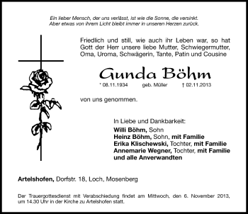 Traueranzeige von Gunda Böhm von Hersbrucker Zeitung