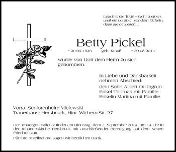 Traueranzeige von Betty Pickel von Hersbrucker Zeitung