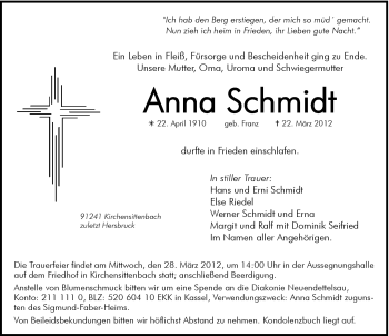 Traueranzeige von Anna Schmidt von Hersbrucker Zeitung
