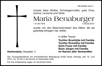 Traueranzeige von Maria Benaburger von Hersbrucker Zeitung