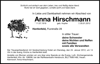 Traueranzeige von Anna Hirschmann von Hersbrucker Zeitung