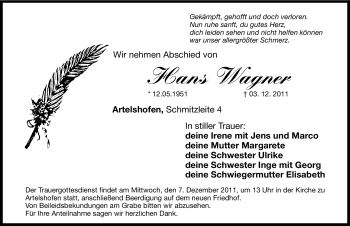 Traueranzeige von Hans Wagner von Hersbrucker Zeitung