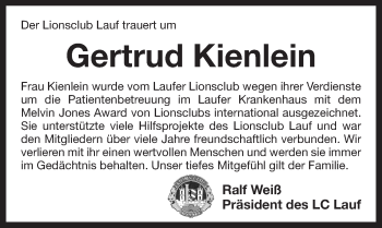 Traueranzeige von Gertrud Kienlein von Pegnitz-Zeitung