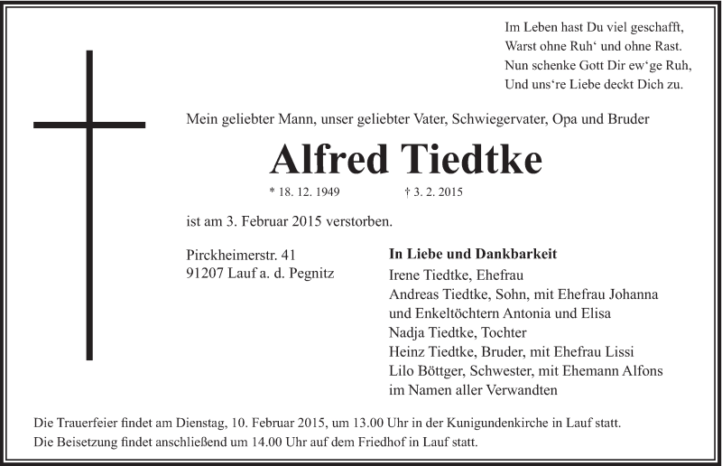  Traueranzeige für Alfred Tiedtke vom 07.02.2015 aus Hersbrucker Zeitung