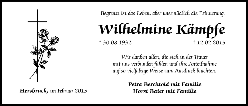  Traueranzeige für Wilhelmine Kämpfe vom 25.02.2015 aus Hersbrucker Zeitung
