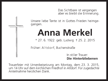 Traueranzeige von Anna Merkel von Der Bote