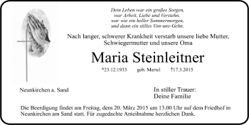 Traueranzeige von Maria Steinleitner von Pegnitz-Zeitung