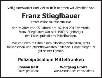 Traueranzeige von Franz Stieglbauer von Der Bote