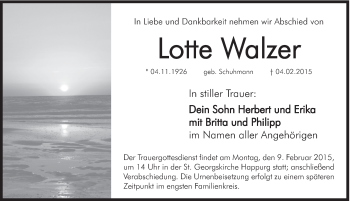 Traueranzeige von Lotte Walzer von Hersbrucker Zeitung