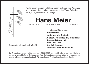 Traueranzeige von Hans Meier von Pegnitz-Zeitung