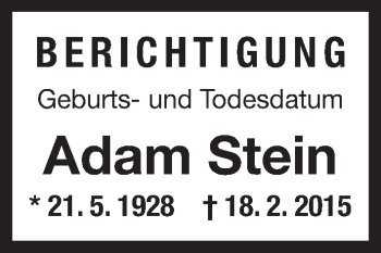 Traueranzeige von Adam Stein von Der Bote