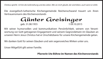 Traueranzeige von Günter Greisinger von Hersbrucker Zeitung