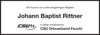 Traueranzeige von Johann Baptist Rittner von Der Bote
