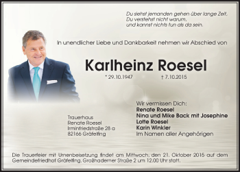 Traueranzeige von Karlheinz Roesel von Hersbrucker Zeitung