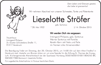 Traueranzeige von Lieselotte Ströfer von Hersbrucker Zeitung