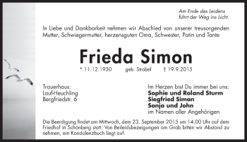 Traueranzeige von Frieda Simon von Pegnitz-Zeitung