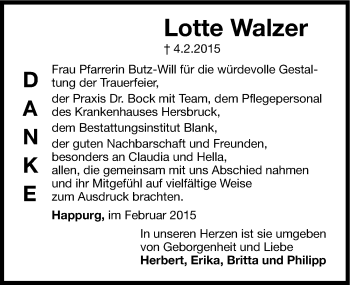 Traueranzeige von Lotte Walzer von Hersbrucker Zeitung