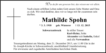 Traueranzeige von Mathilde Spohn von Der Bote