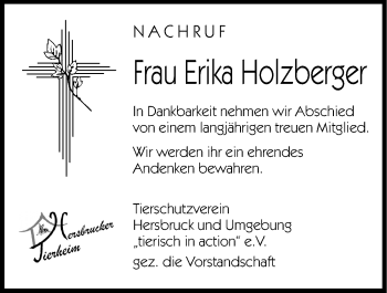 Traueranzeige von Erika Holzberger von Hersbrucker Zeitung