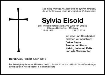 Traueranzeige von Sylvia Eisold von Hersbrucker Zeitung