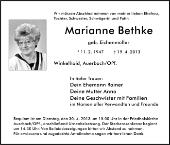 Traueranzeige von Marianne Bethke von Der Bote