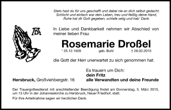 Traueranzeige von Rosemarie Droßel von Hersbrucker Zeitung