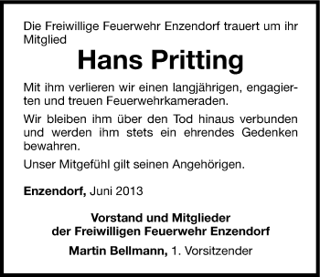 Traueranzeige von Hans Pritting von Hersbrucker Zeitung