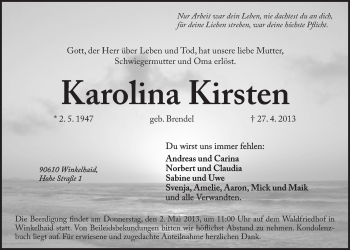 Traueranzeige von Karolina Kirsten von Der Bote
