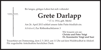 Traueranzeige von Grete Darlapp von Der Bote