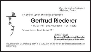 Traueranzeige von Gertrud Riederer von Der Bote