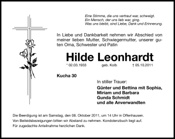 Traueranzeige von Leonhardt Hilde von Hersbrucker Zeitung