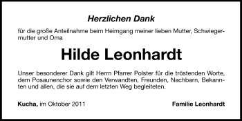 Traueranzeige von Leonhardt Hilde von Hersbrucker Zeitung