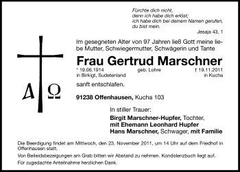 Traueranzeige von Gertrud Marschner von Hersbrucker Zeitung