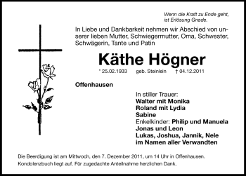 Traueranzeige von Käthe Högner von Hersbrucker Zeitung