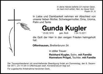 Traueranzeige von Gunda Kugler von Hersbrucker Zeitung