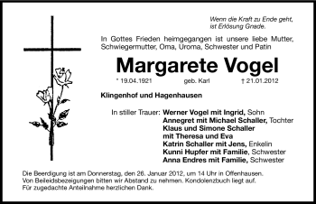 Traueranzeige von Margarete Vogel von Hersbrucker Zeitung